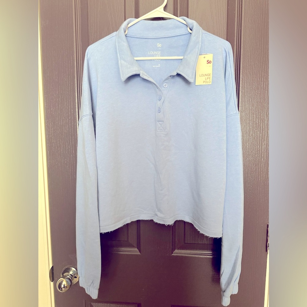 So Lounge Life cropped long sleeve polo Sweatshirt Baby Blue Size XL NWT